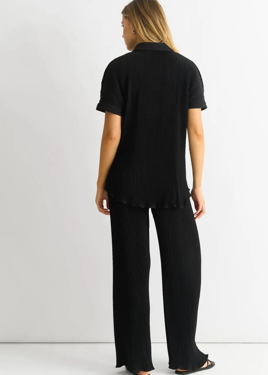 Gini London Black Plisse Loungewear Wide Leg Trousers