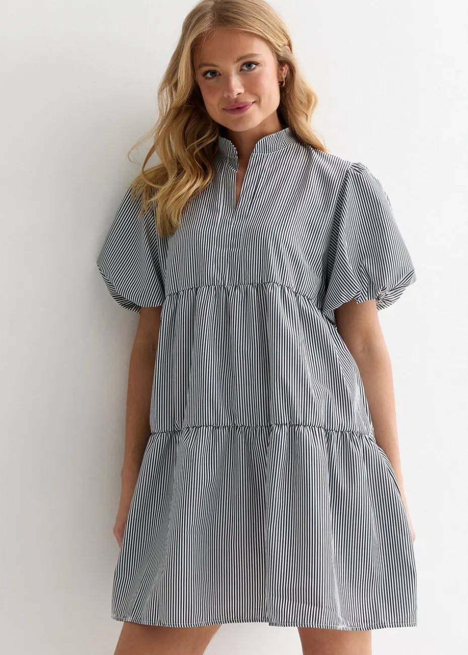 Gini London Black Puff Sleeve Stripe Tiered Dress