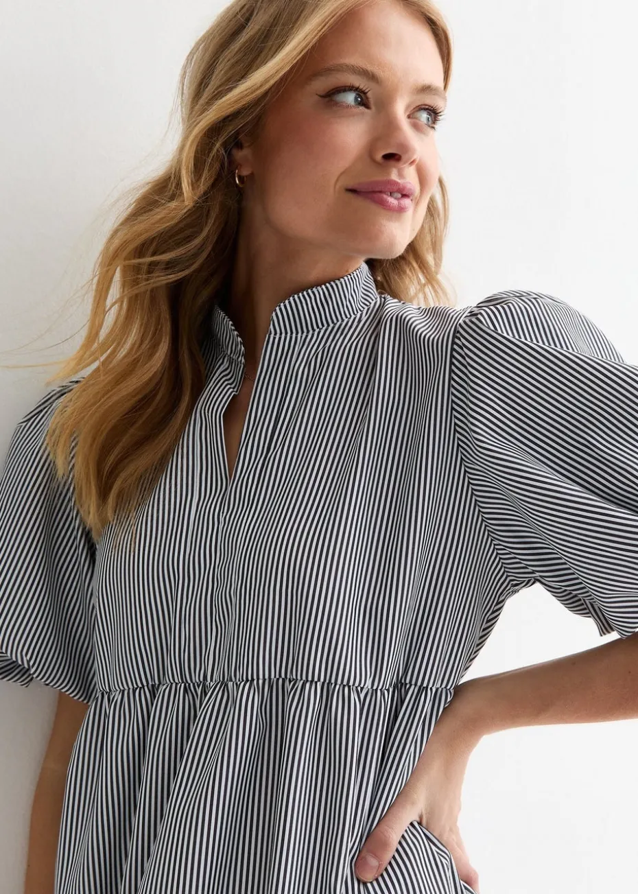 Gini London Black Puff Sleeve Stripe Tiered Dress