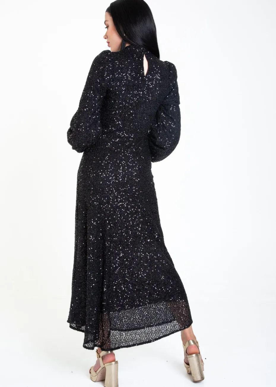 Gini London Black Sequin High Neck Occassion Midi Dress