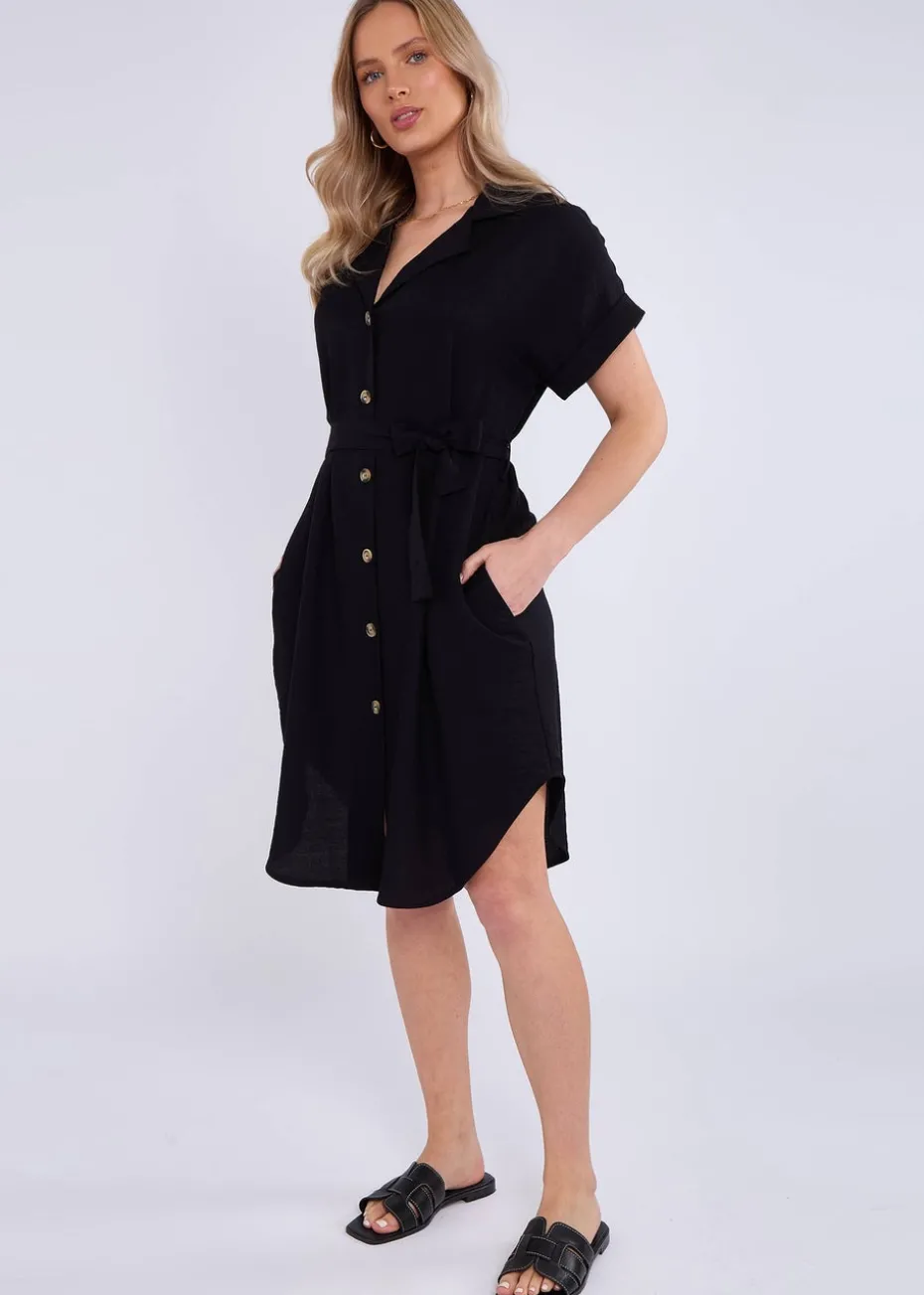 Gini London Black Utility Belted Oversized Viscose Shirt Dress