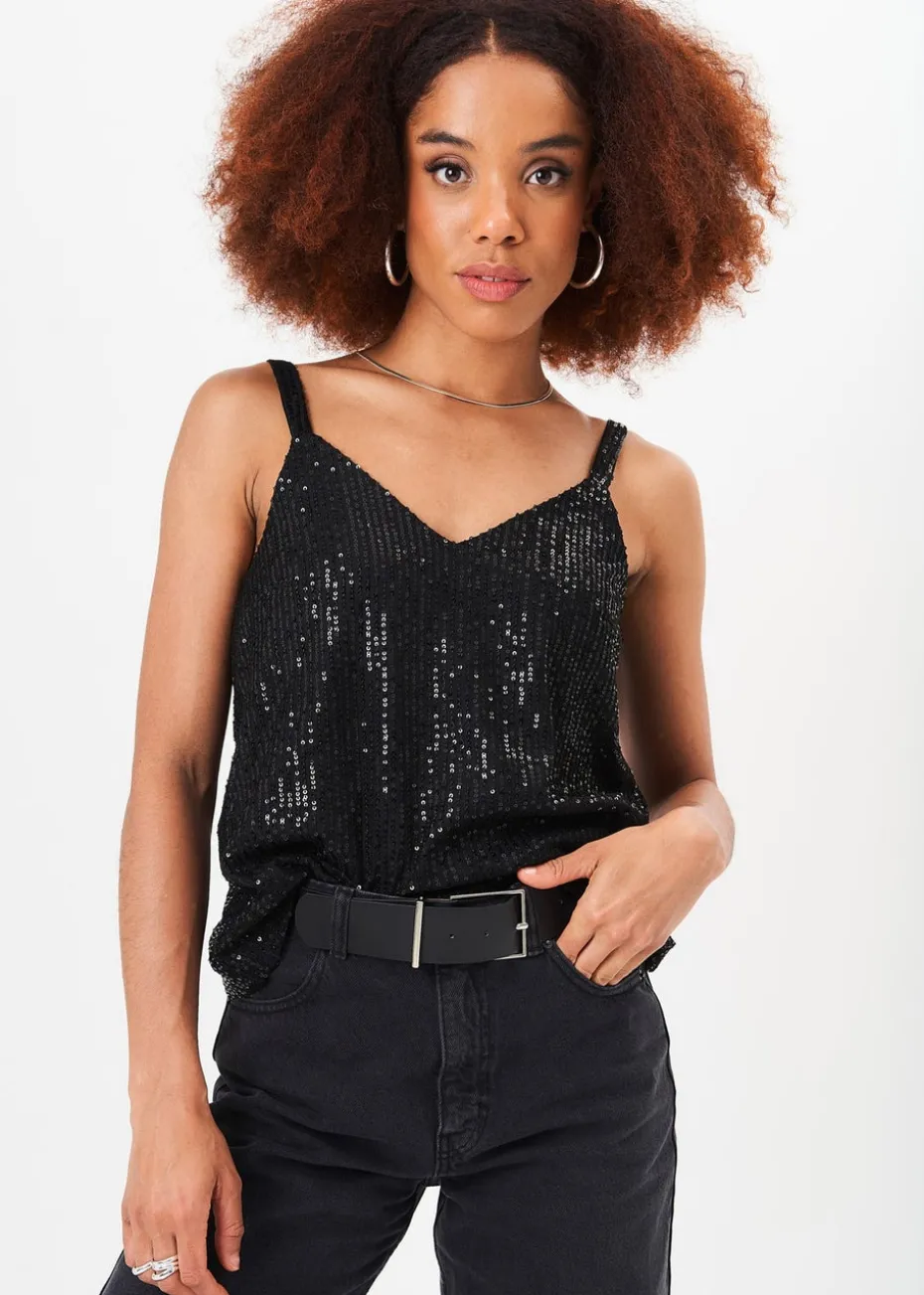 Gini London Black V-Neck Sequin Cami Top