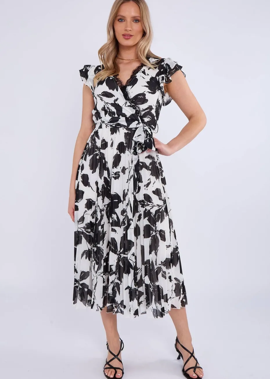 Gini London Black/White Lace Trim Mono Pleated Wrap Midi Dress