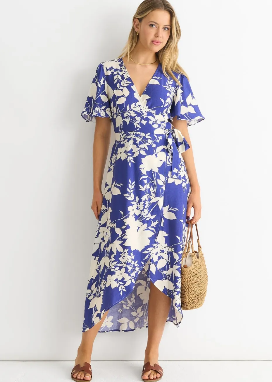 Gini London Blue Viscose Floral Wrap Midi Dress