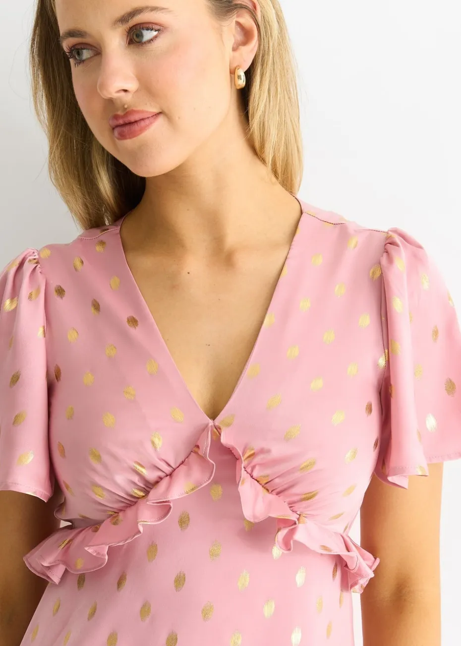 Gini London Blush Metallic Foil V Neck Midi Dress