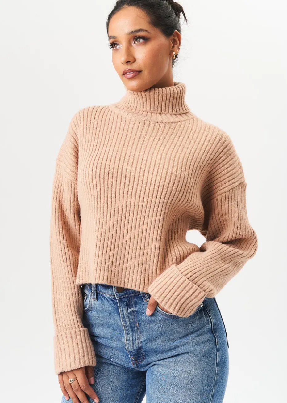 Gini London Camel High Neck Chunky Knit Crop Jumper