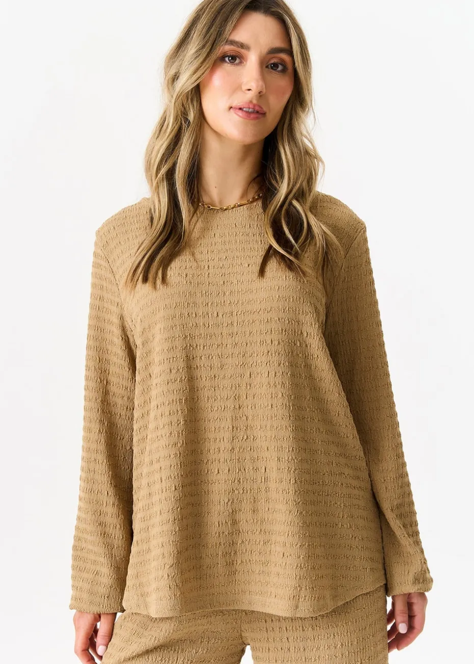 Gini London Camel Textured Long Sleeves Oversized Top