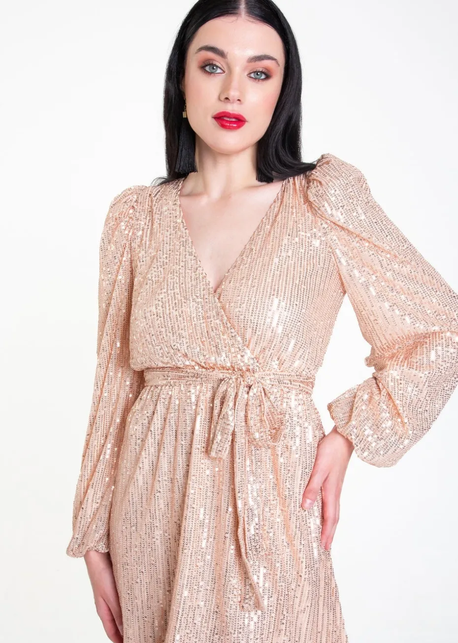 Gini London Champagne Sequin V Neck Belted Mini Dress