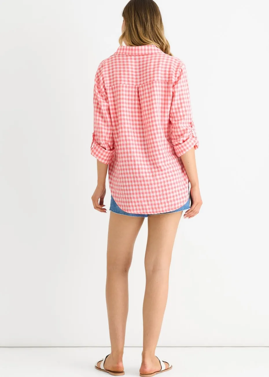 Gini London Coral Cotton Gingham Roll Up Sleeves Oversized Tie Top