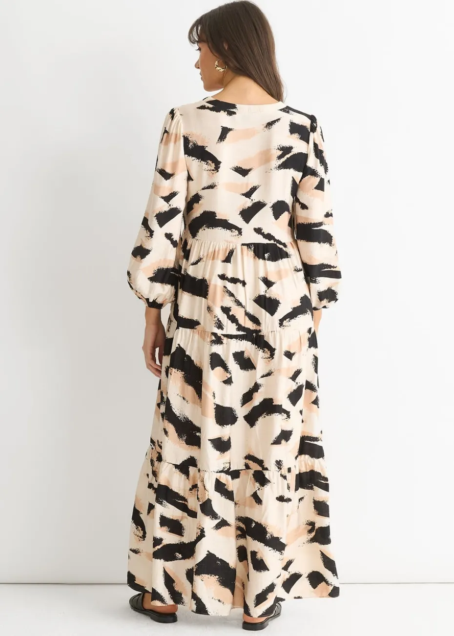 Gini London Cream Animal Print Smock Maxi Dress