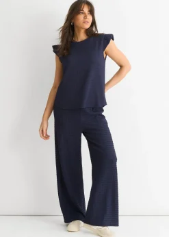 Gini London Dark Blue  Frill Sleeves Textured Oversized Top