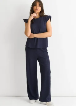 Gini London Dark Blue Frill Sleeves Textured Oversized Top