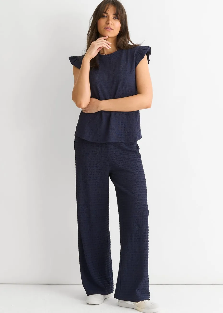 Gini London Dark Blue Frill Sleeves Textured Oversized Top
