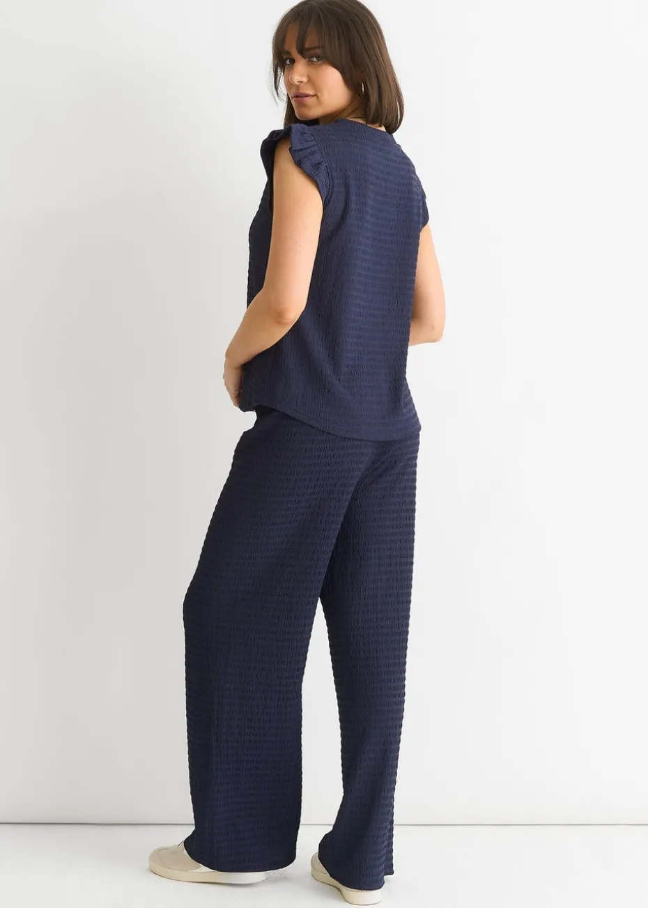 Gini London Dark Blue Frill Sleeves Textured Oversized Top