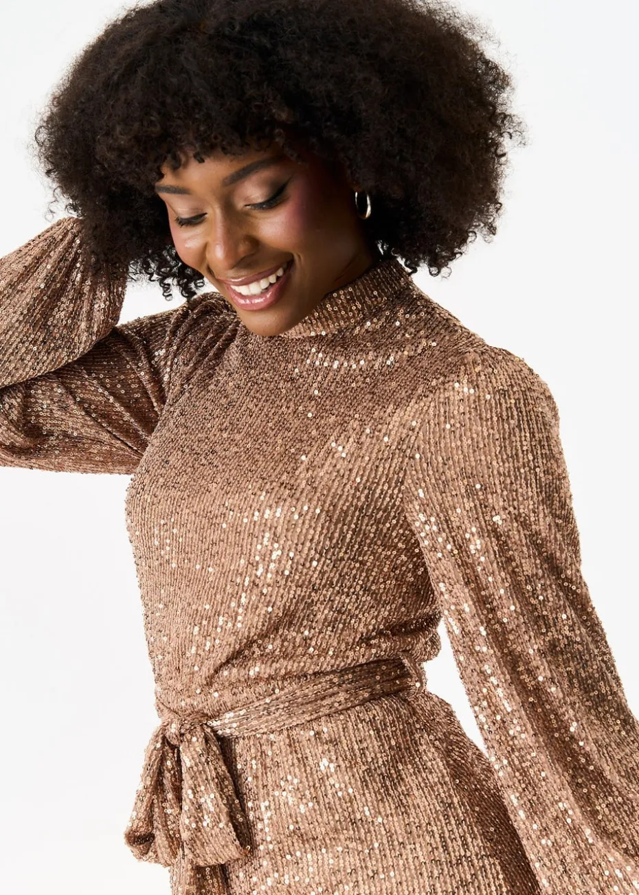 Gini London Gold High Neck Long Sleeves Belted Sequin Dress