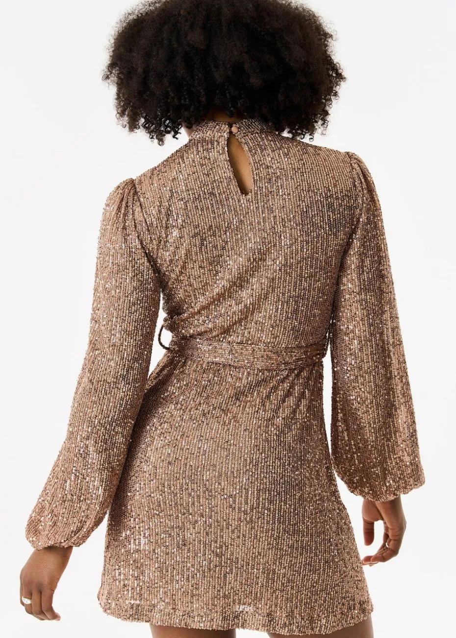 Gini London Gold High Neck Long Sleeves Belted Sequin Dress