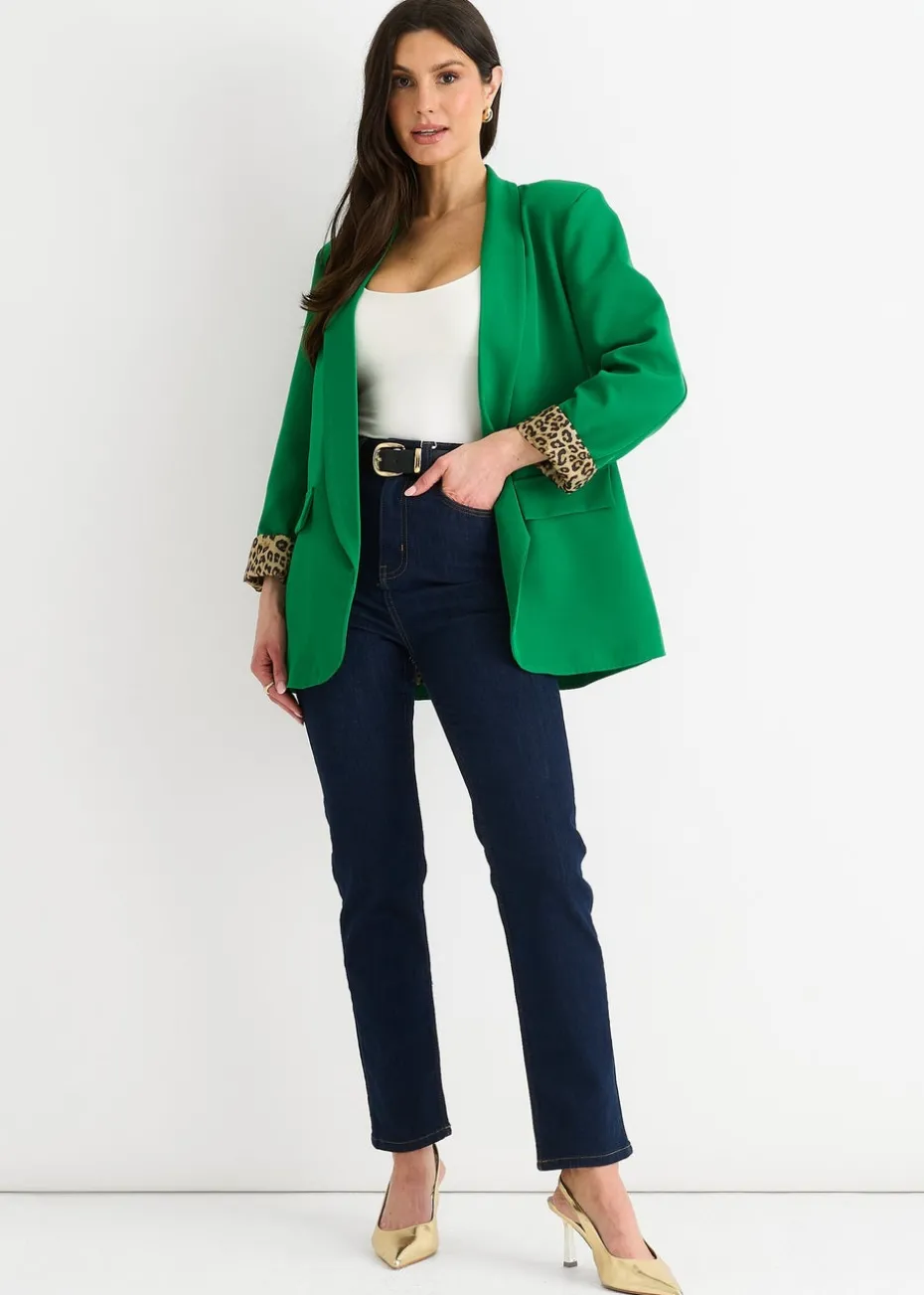 Gini London Green Contrast Animal Edge To Edge Blazer