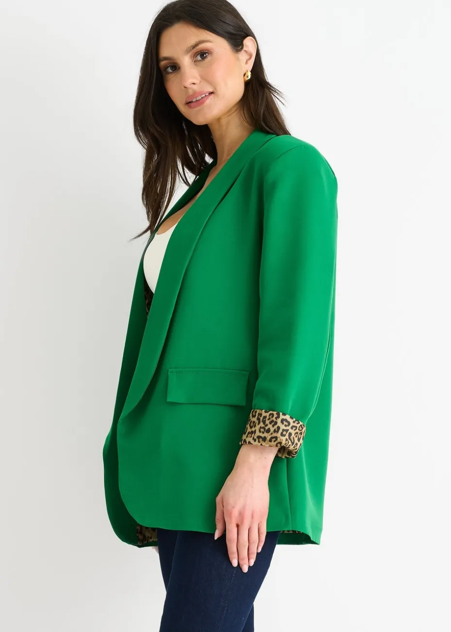 Gini London Green Contrast Animal Edge To Edge Blazer