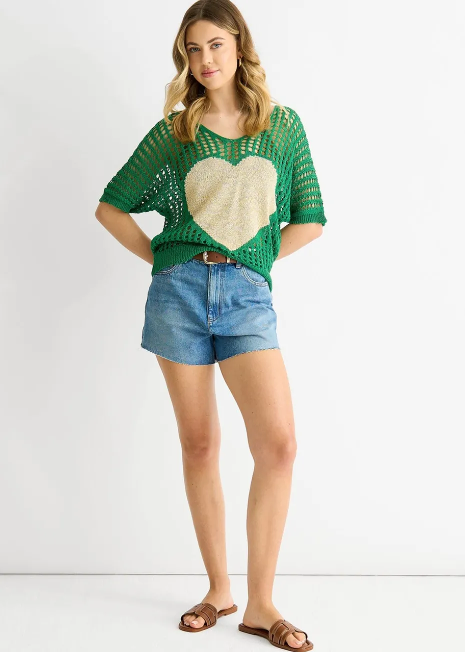 Gini London Green Fish Net Heart Pattern Crochet Top