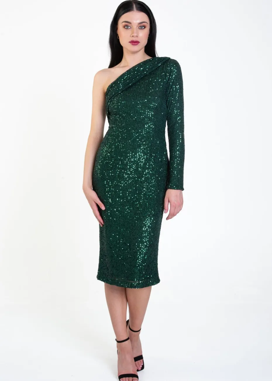 Gini London Green One Shoulder Draped Sequin Midi Dress