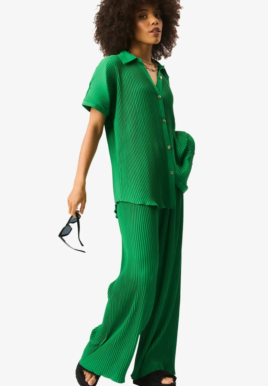 Gini London Green Plisse Loungewear Wide Leg Trousers
