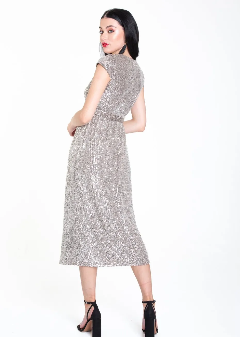 Gini London Gun Metal Sequin Belted Midi Wrap Dress