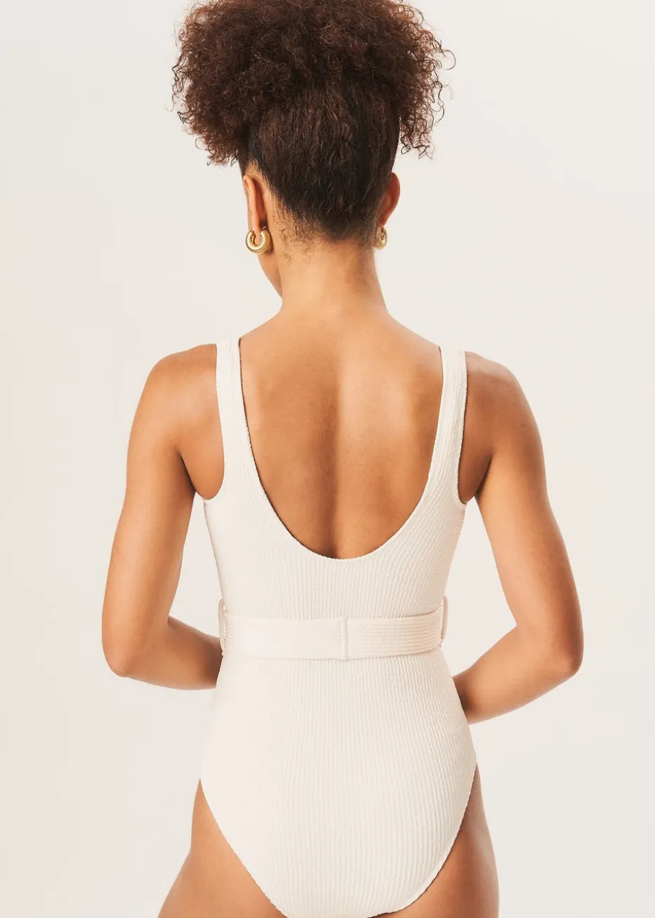 Gini London Ivory Textured Round Neck Belted Swimsuit
