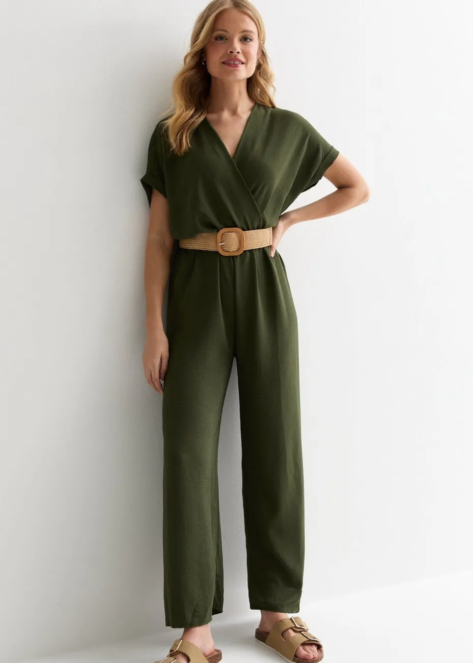 Gini London Khaki Short Sleeves Elasticated Waist Belted Jumpsuit