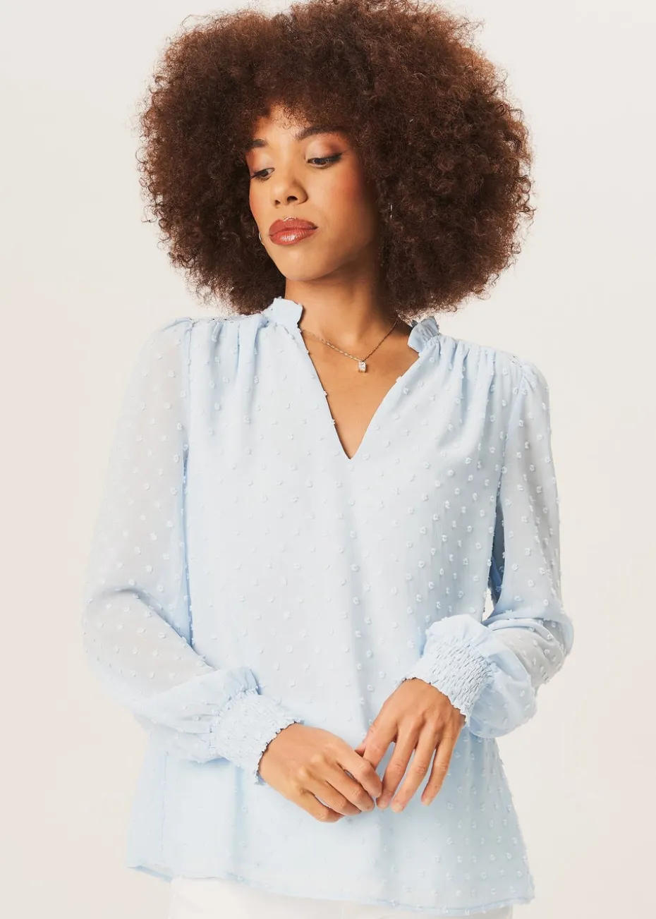 Gini London Light Blue Dobby Chiffon Frill Neck Blouse