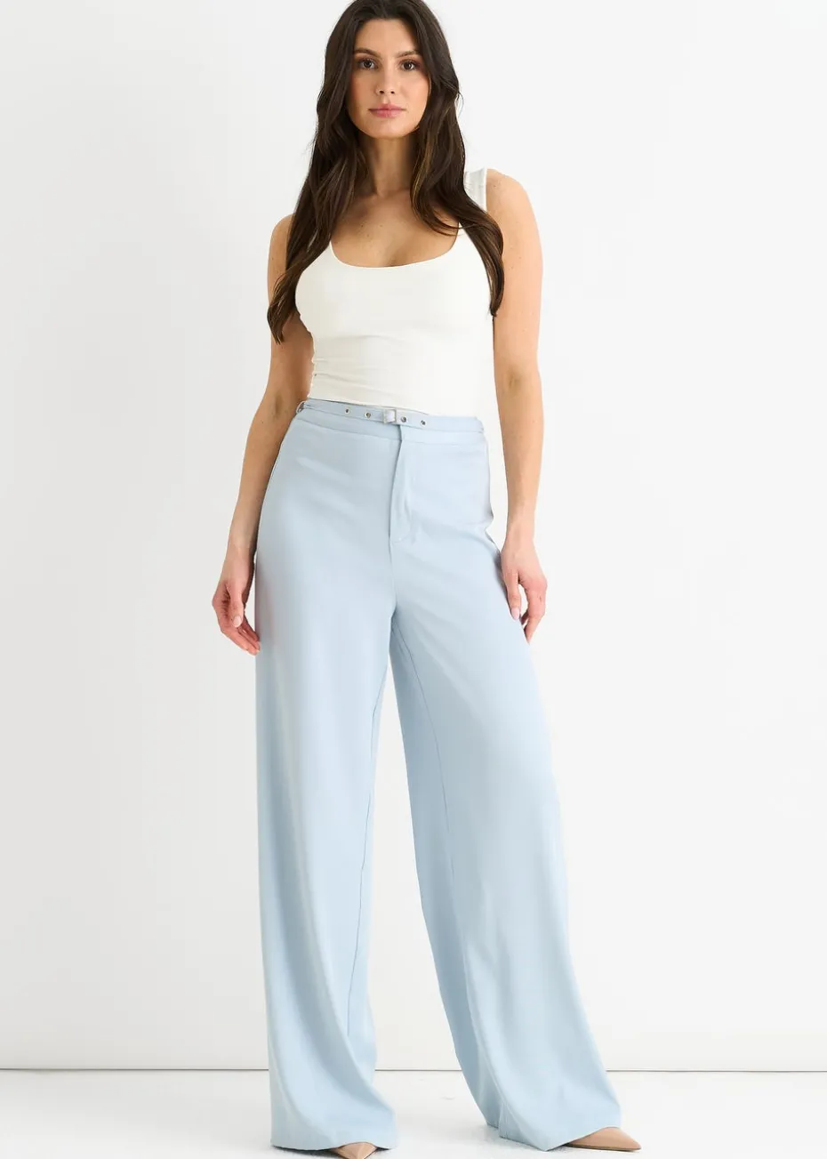 Gini London Light Blue Tailored Belt Wide Leg Trousers