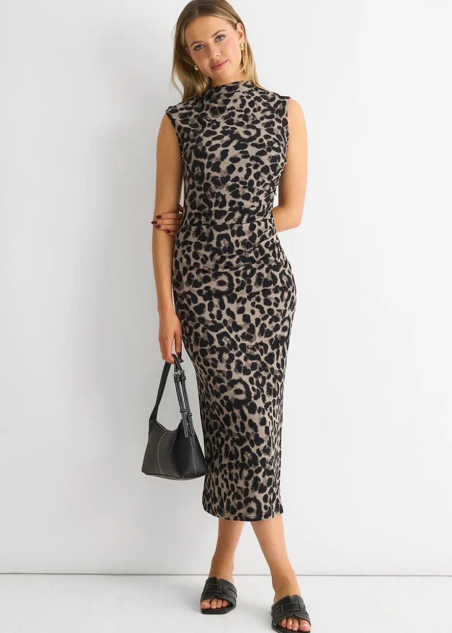 Gini London Light Grey Animal Print Ruched Midi Dress