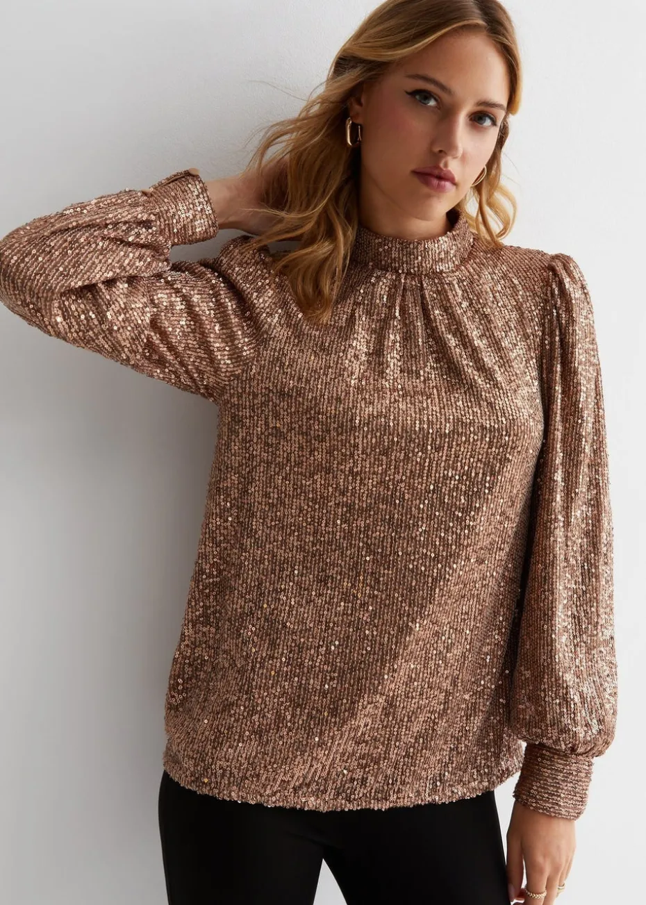 Gini London Mink Brown Sequin High Neck Loosefit Blouse