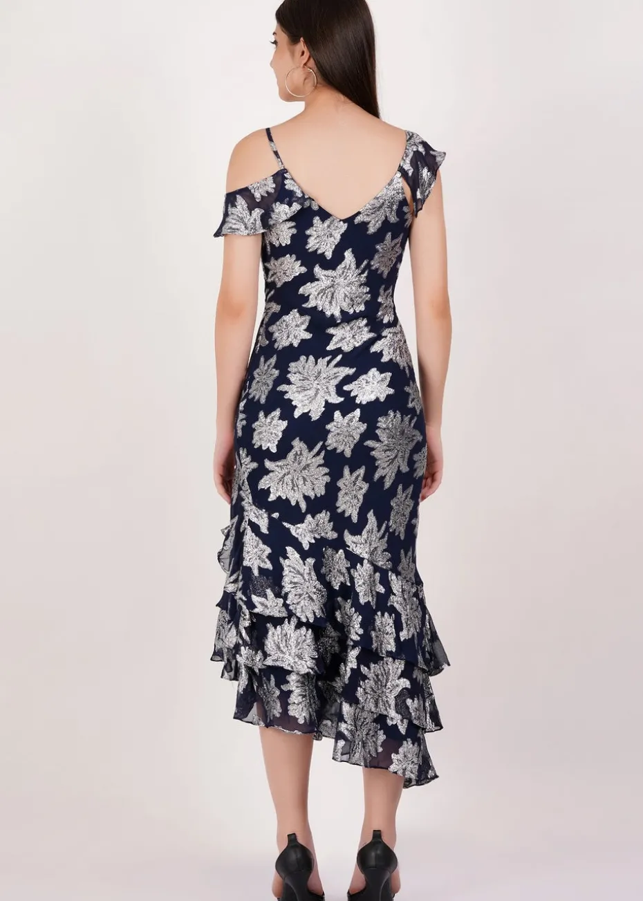 Gini London Navy Floral Clipped Tiered Ruffle Midi Dress