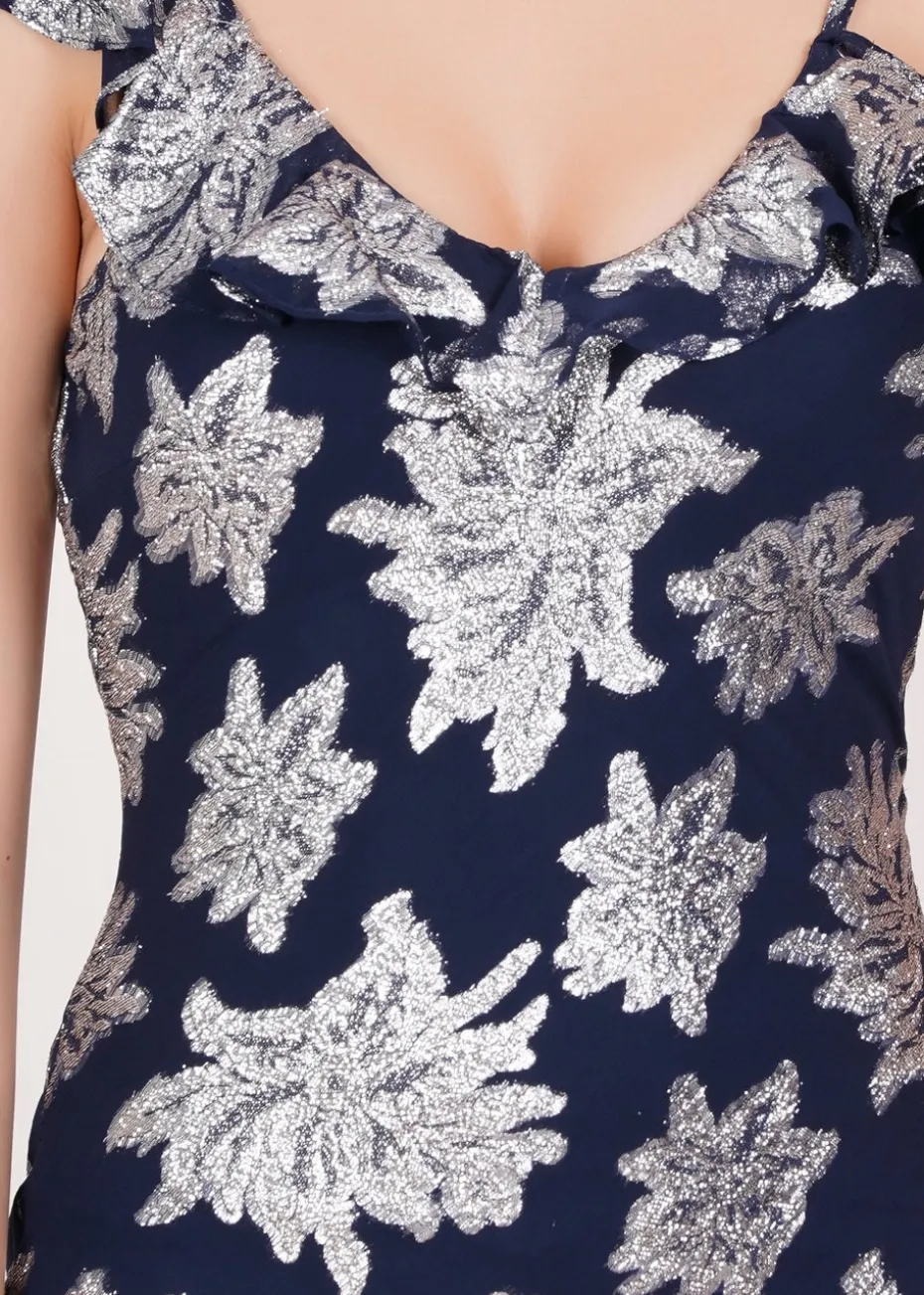 Gini London Navy Floral Clipped Tiered Ruffle Midi Dress