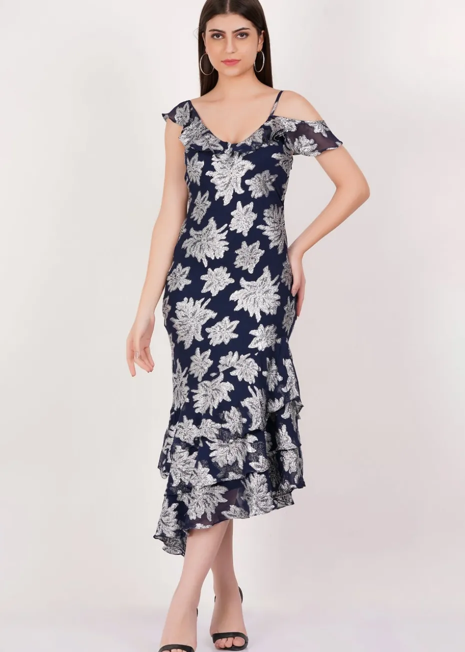 Gini London Navy Floral Clipped Tiered Ruffle Midi Dress