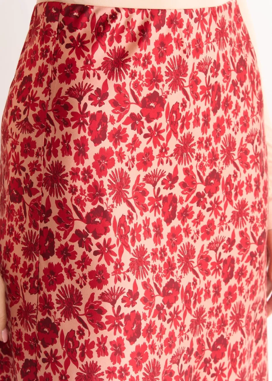 Gini London Red Floral Lace Trim Bias Midi Skirt
