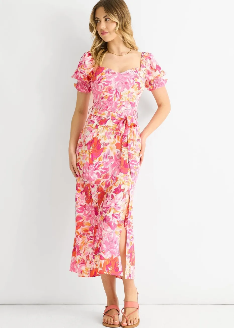 Gini London Red Floral Puff Sleeves Belted Midi Dress