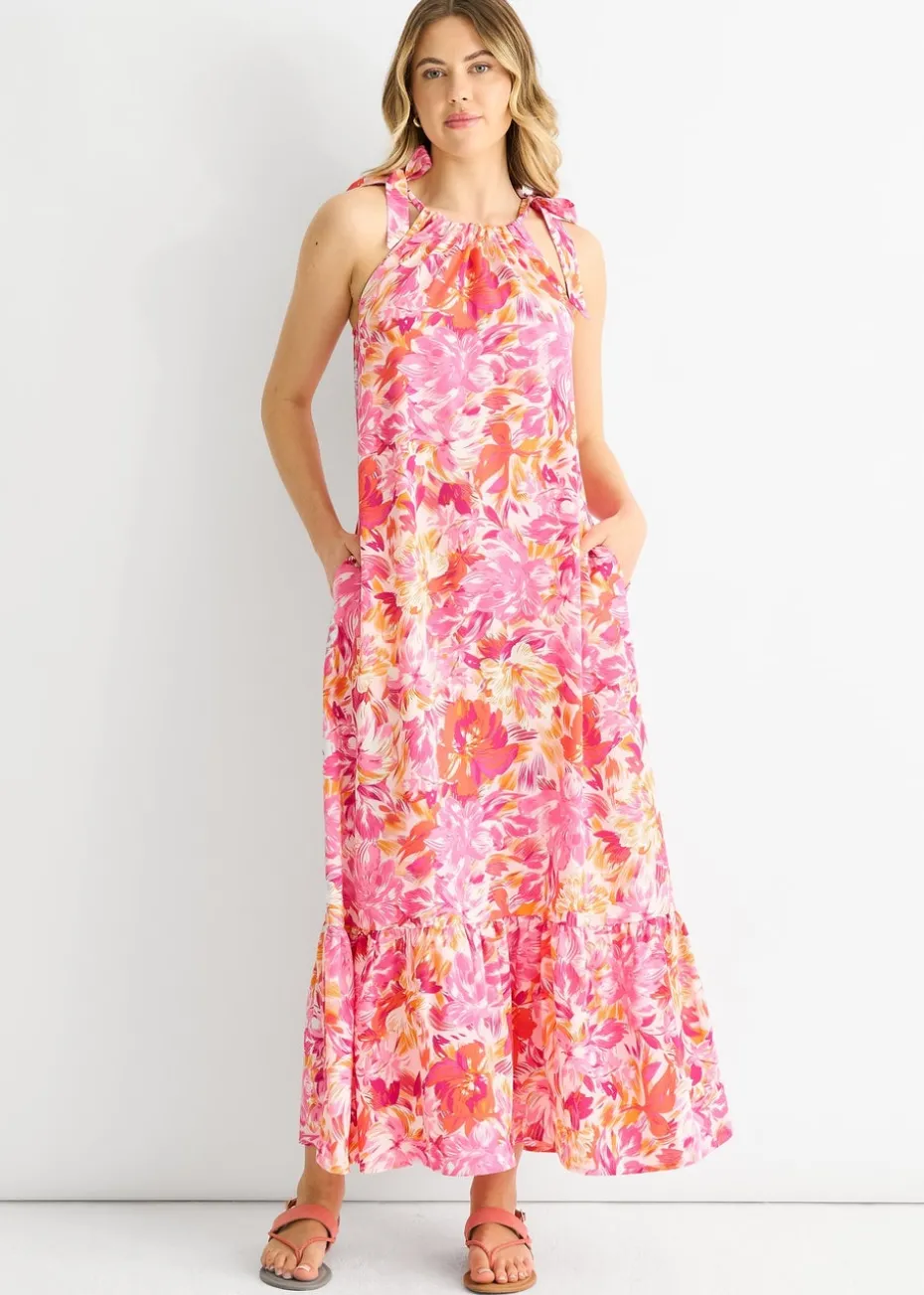 Gini London Red Floral Tie Straps Trapeze Dress