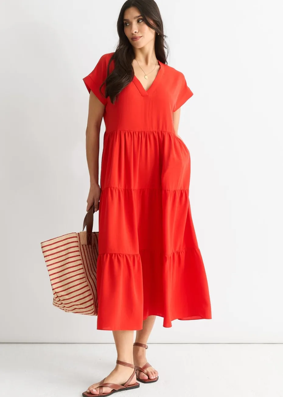 Gini London Red V Neck Pocket Smock Midi Dress