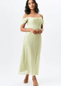 Gini London Sage Green Cowl Neck Drop Sleeves Foil Maxi Dress