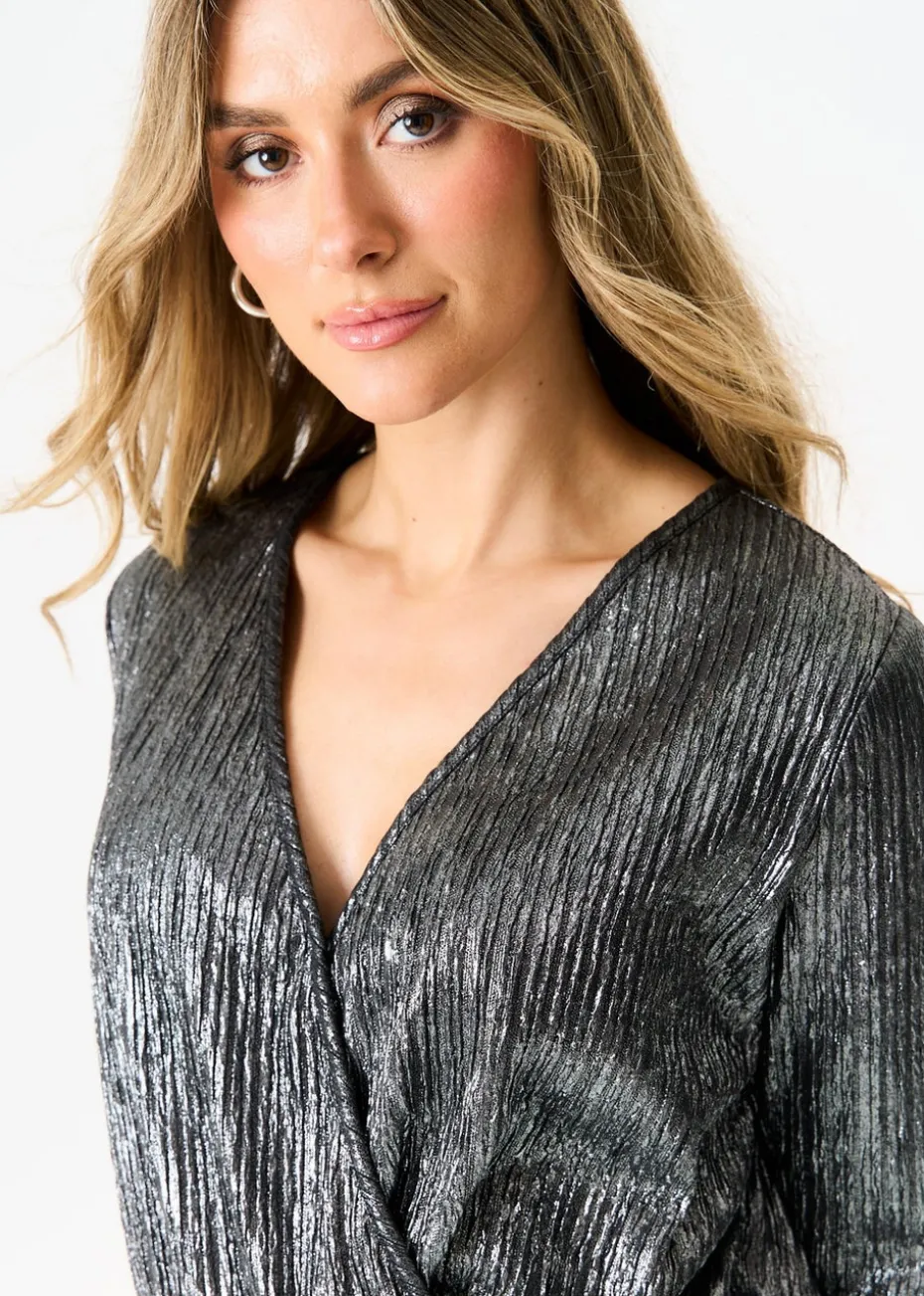Gini London Silver Metallic Plisse Wrap Front Bodysuit
