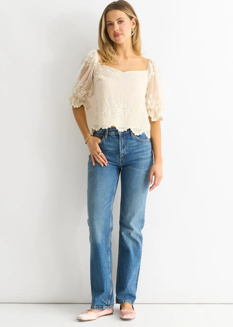 Gini London White Embroidered Lace Scallop Blouse