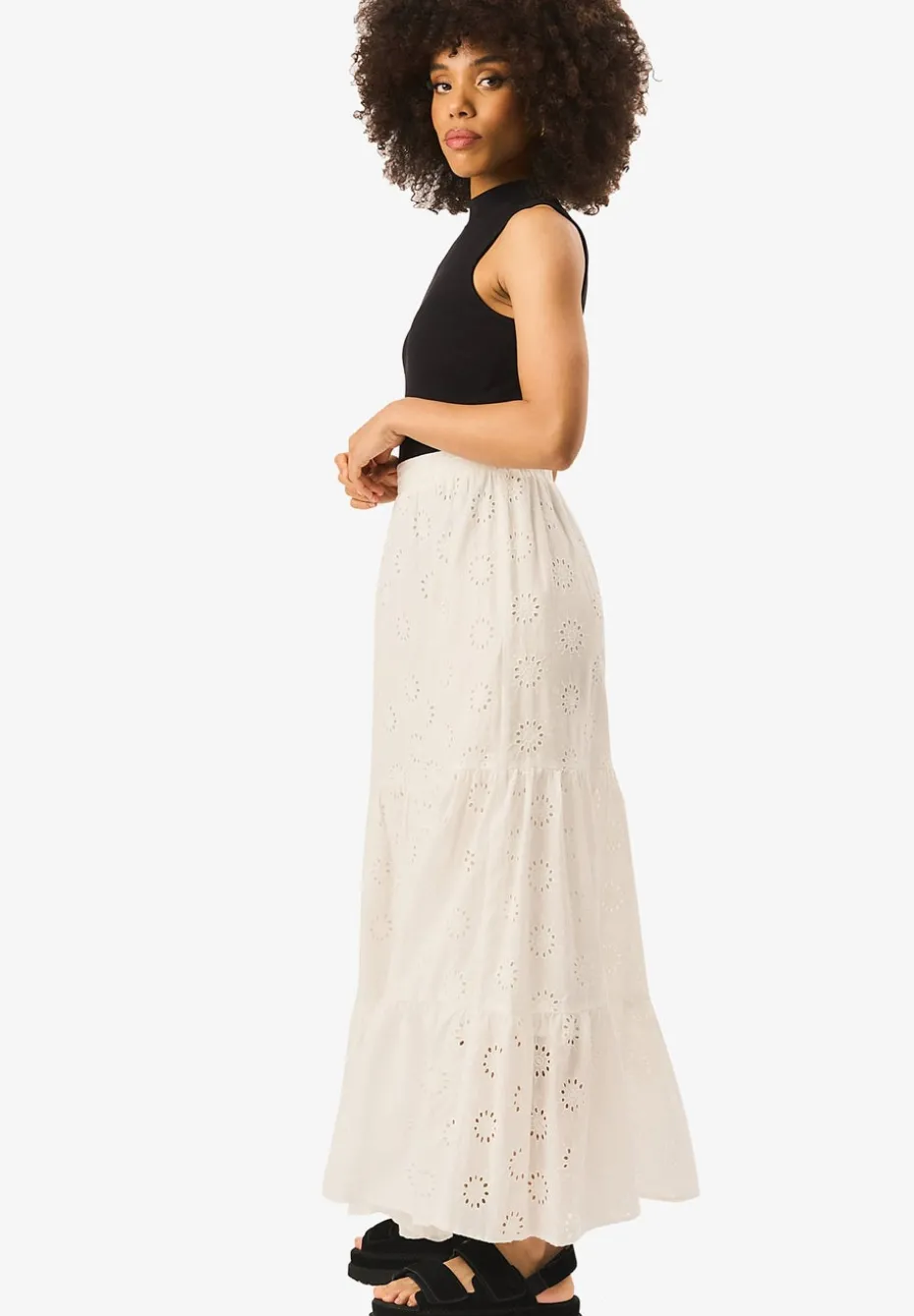 Gini London White Tiered Lace Embroidered Long Skirt