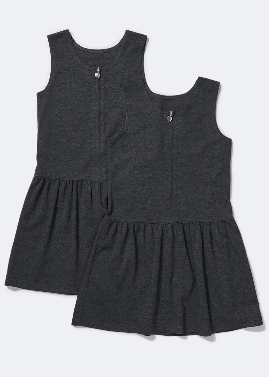 Girls 2 Pack Grey Zip Front Jersey Pinafores (2-9yrs)