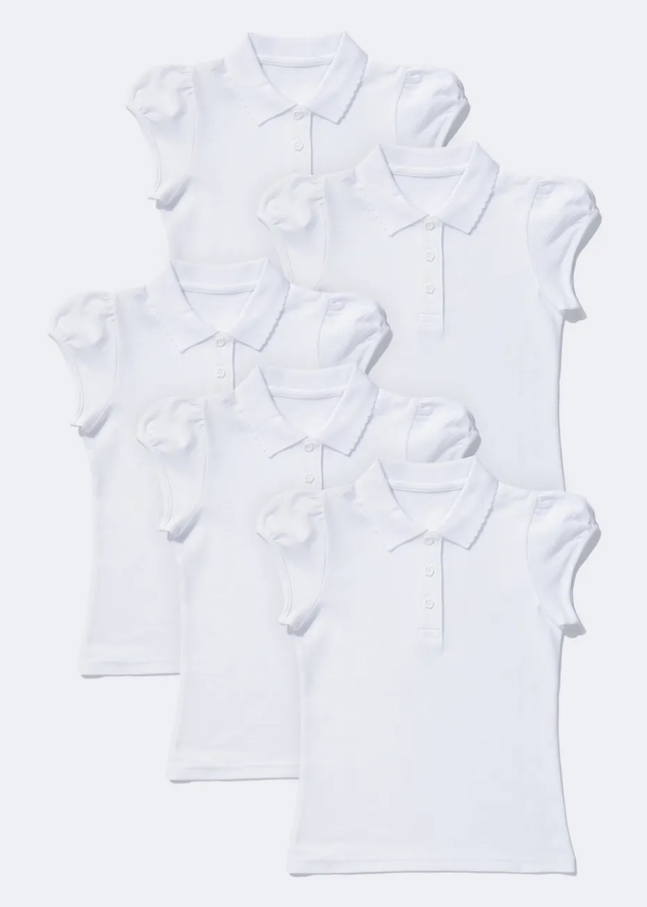 Girls 5 Pack White Scallop Collar School Polo Shirts (3-13yrs)