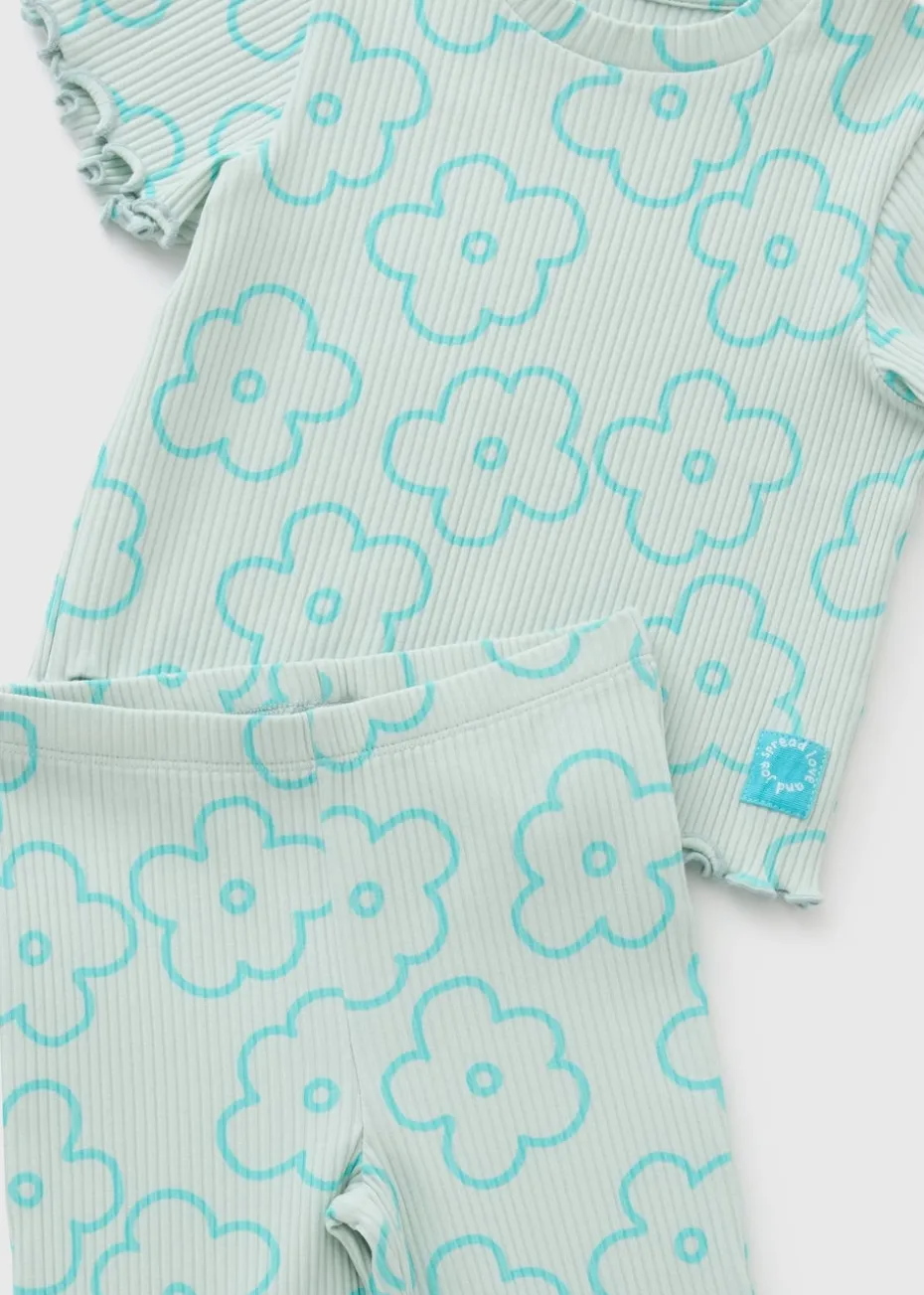 Girls Aqua Floral Top & Flares Set (1-7yrs)
