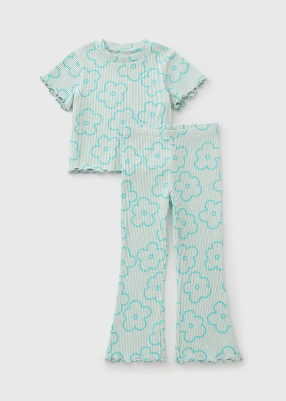 Girls Aqua Floral Top & Flares Set (1-7yrs)