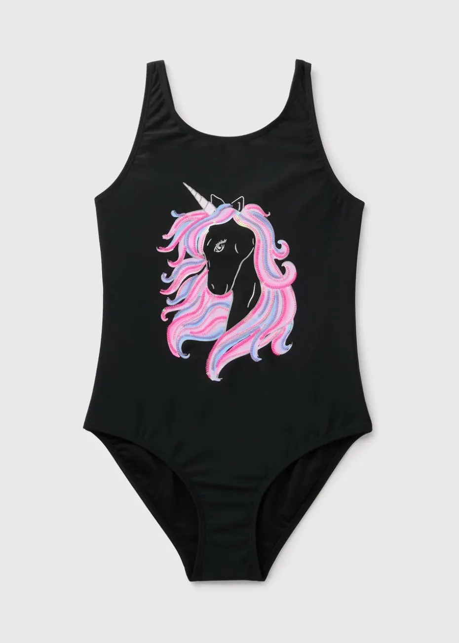 Girls Black Unicorn Swimsuit (6-13yrs)
