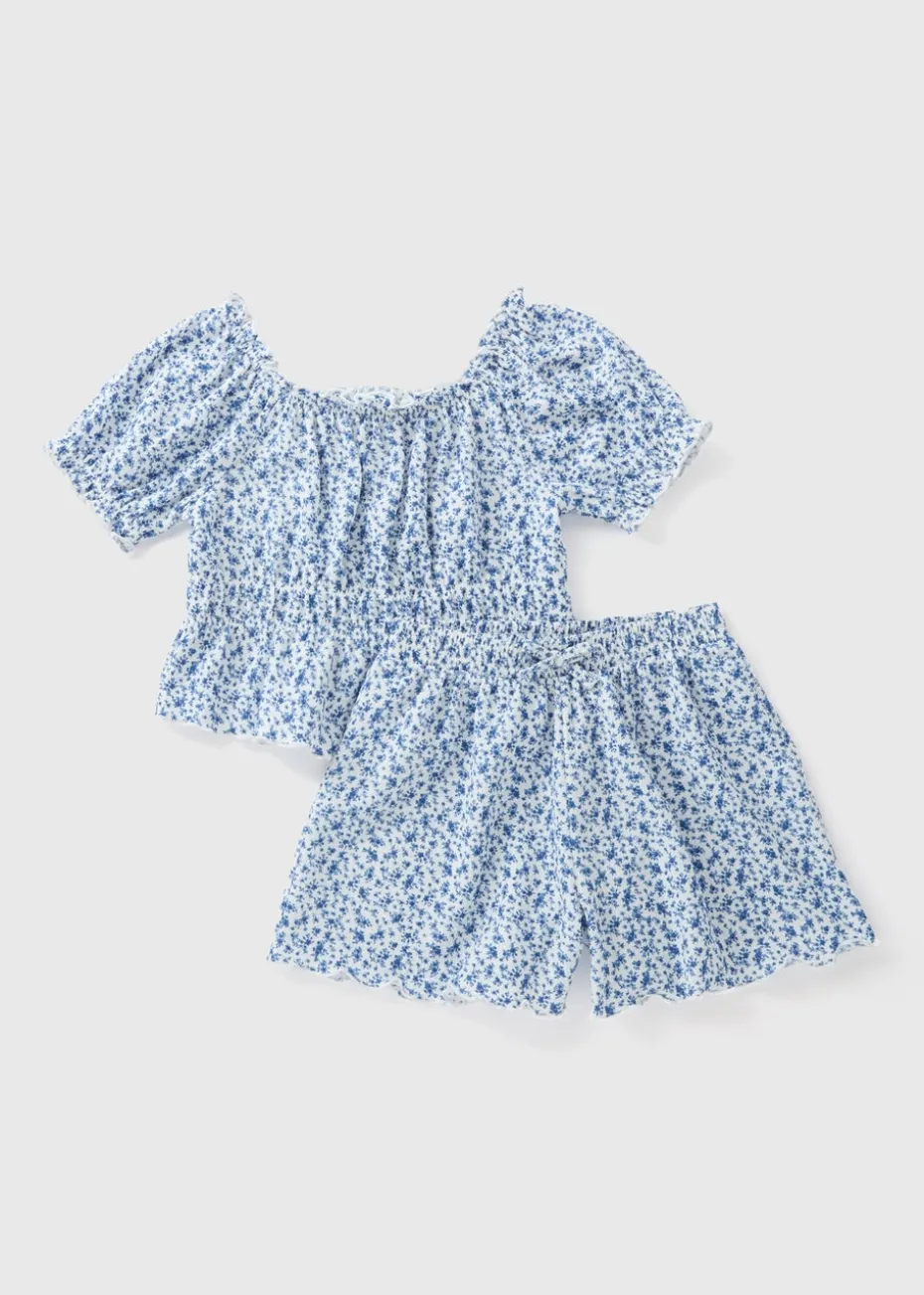 Girls Blue Floral Crinkle Top & Skirt Set (7-15yrs)