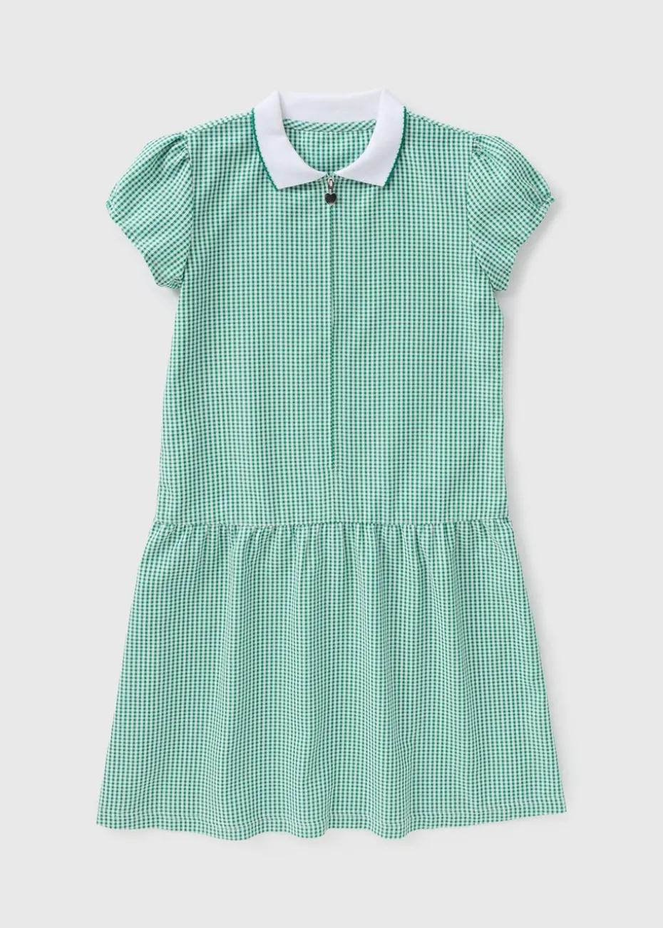 Girls Green Gingham Knit Collar School Dress (3-13yrs)